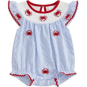 Newborn Baby Girl Smocked Outfits Striped Crab Embroidery Flying Sleeve Bubble Romper Infant Summer Bodysuit 0-18M