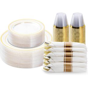 350PCS Gold Plastic Dinnerware Set, Disposable Party Plates for 50 Guests, Include: 100 Plastic Plates, 50 Pre Rolled Napkins with Gold Silverware, 50 Cups
