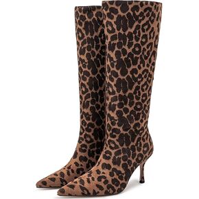 Yiya Women’s Leopard Print Histten Heel Knee Boots High Boots Wide Sexy Sexy Toe Stiletto Mid Heel Dress Party Party Long Shipper