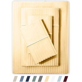 Feather & Stitch 500 TC King Size Damask Bed Sheet Set, 100% Cotton Soft Breathable Bedsheets, 4 Piece 18" Deep Pockets Sateen Weave Striped Bedding Mattress Resort Hotel Luxury- (Maple Sugar, King)