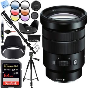 Sony E PZ 18-105mm f/4 G OSS Power Zoom Lens Bundle with Sandisk 64GB Memory Card, 72mm Filter Sets, Lens Hood and Accessories (5 Items)