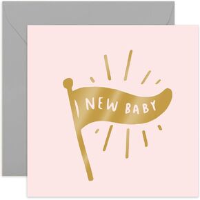 Old English Co. Pink New Baby Flag Card - Gold Foil | Baby Girl Card for Parents | Blank Inside & Envelope Included (Baby Girl)