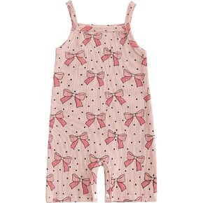 Toddler Baby Girls Summer Casual Romper Waffle Knit Sleeveless Bow Print Shorts Jumpsuit Loose Fit Outfits