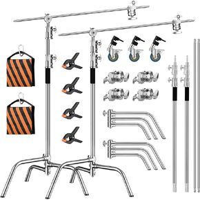2 Pack Stainless Steel Photography Light Stand 6.9ft/210cm with Holding Arm Sandbag Grip Head Heavy Duty C Stand Sturdy for Photography Studio Video Monolight Softbox Shooting（Silver）