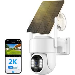 Security Cameras Wireless Outdoor, 2K Solar Powered Cameras for Home Security, 2.4GHz/5G WiFi Solar Camera, 360° PTZ View No Blind Spot, PIR Motion Detection, 2-Way Audio Siren Alarm, Work with Alexa