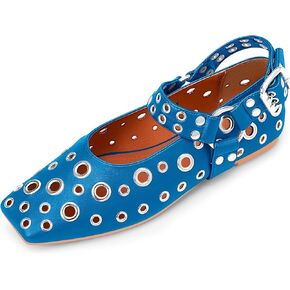 100FIXEO Women's Buckle Ballet Flats Punk Square Toe Studded Grommet Mary Jane Shoes
