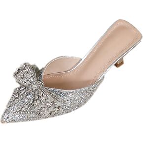 Women's Sparkling Rhinestone Bow Kitten Heel Mules Fashion Closed Pointed Toe Slip On low heel Backless slingback slides Sandals for Wedding Bridal Party Dress