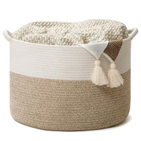 Large Woven Cotton Rope Storage Basket with Handles - Modern Round Laundry Hamper & Blanket Organizer for Nursery, Bedroom, Baby Toys, Pillows, Home Décor, 20"x13"