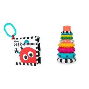 Sassy Peek-a-Boo Activity Book with Attachable Link for On-The-Go Travel | Black & White & Stacks of Circles Stacking Ring STEM Learning Toy, Age 6+ Months, Multi, 9 Piece Set
