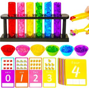 Rileryan 105 Pcs Test Tube Counting and Color Sorting Kit Sensory Bin Table Filler Accessories Fine Motor Skills Color Matching Rainbow Sorting Set with Acrylic Gems Crystals Sorting Bowls Cups Tools
