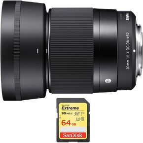 Sigma 30mm F1.4 DC DN Lens for Sony E Mount Bundle مع بطاقة Sandisk 64GB Extreme SDXC UHS-I