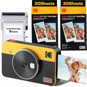 KODAK Mini Shot 2 Retro 4PASS 2-in-1 Instant Digital Camera and Photo Printer (2.1x3.4 inches) Initial 8 Sheets + 60 Sheets Bundle, Yellow