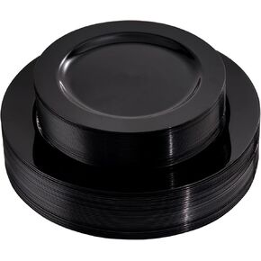 FLOWERCAT 60PCS Black Plastic Plates - Heavy Duty Black Disposable Plates for Party/New Year/Wedding - Include 30PCS 10.25inch Black Dinner Plates and 30PCS 7.5inch Black Dessert/Salad Plates