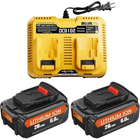 2 Pack 6Ah 20V MAX Lithium Ion Battery and Charger Replacement for Dewalt 20V Max Battery and Charger Combo, Compatible with Dewalt 12-20V Batteries and All 20 Volt Cordless Tools