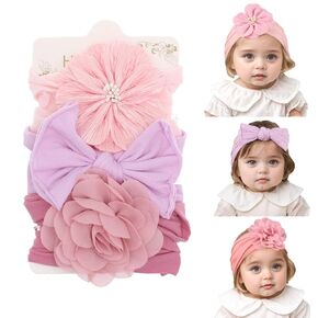 3pcs Baby Girl Flower Nylon Headbands Soft Stretchy Donut Top Knot Wide Turban Hairbands Hair Bows Accessories for Newborn Infants Toddlers (Rose Red+Nude+Pink, Standard Small)
