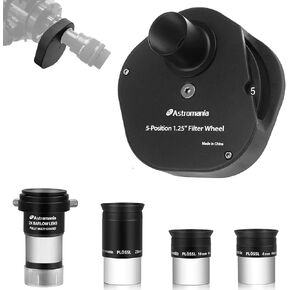 Astromania Multi Coated 1.25-Inch Plossl Eyepieces(4mm, 10mm, 25mm) with 2X Barlow Astronomical Telescope Accessory Kit - Bundle with - 1.25" Multiple 5-Position Filter Wheel