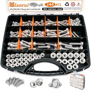 Dianrui 270PCS Metric Flange Bolts and Nuts Kit,304 Stainless Steel Flange Nuts and Bolts (M6 M8 M10) Hardware Nuts and Bolt-15 Size