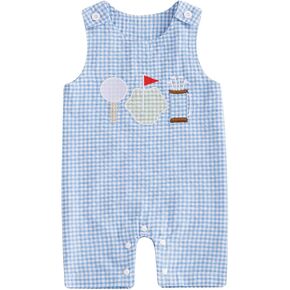 Baby Boy Golf Outfit Crew Neck Sleeveless Golf Embroidery Plaid Print Romper Jumpsuit Summer Toddler Boy Shortalls