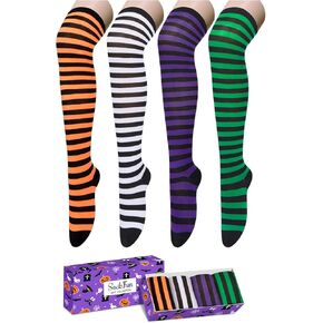 Halloween Thigh High Socks for Women - Halloween Gifts for Teen Girls, Striped Thigh High Socks for Women, Knee High Socks Over the Knee Socks 4 Packs