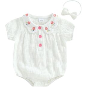 Infant Baby Girls Summer Romper Flower print Doll Collar Short Sleeve Jumpsuits newborn clothes with Headband