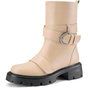 Women's Mid Calf Black Boots Biker Motorcycle Riding Booties Round Toe Slip On Comfortable Chunky Lug Sole Shoes with Buckle for Ladies