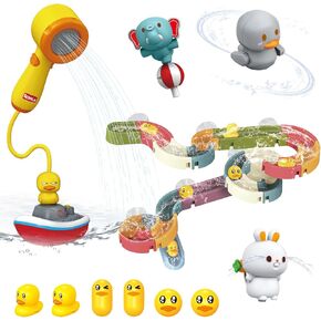 Mostop Toddler Bath Toys, Baby Bathtub Toys with Slide Track and Duck Shower Sprays, 2 Ducks, 4 Balls, 1 Boat, 3 Water Spraying Animal Toys, Fun Bathtub Toys Gift for Kids Age 4-8