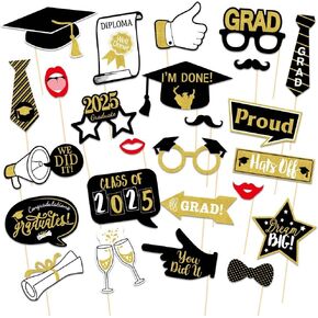 25Pcs Graduation Photo Booth Props Kit, 2025 DIY Graduation Photography Decorations Graduation Party Pose Sign for Adults Kids for Party Supplies Fun Props Accessories