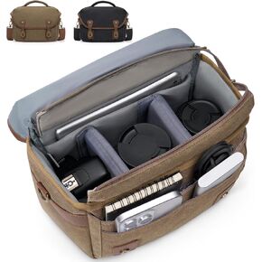 RAINSMORE Canvas Camera Bag, DSLR/SLR/Mirrorless Small Camera Sling Bags Cross-body Camera Case, Compact Shoulder Bag for Photographers with Rain Cover Vintage Sling Bags for Men and Women, Khaki