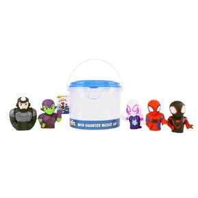 Marvel Spidey & Friends - 5 Piece Bath Squirter Bucket Set - Bath Toys for Baby and Toddlers - Includes Organizer Bucket - Store Bath Time Water Toys