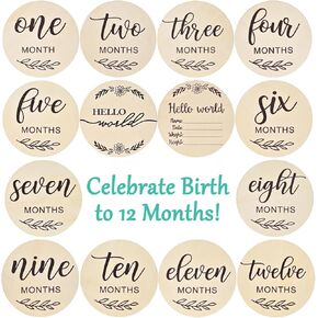 Baby Monthly Milestone Cards, 𝟭𝟰 𝗣𝗮𝗰𝗸 Baby Announcement Sign, The Perfect Newborn Photography Props to Document Your Baby´S Growth, Wooden Hello World Baby Sign, Light Wood