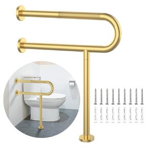 Toilet Support Rail 23.4X 28 Inch, Munzong Anti-Slip Satin Brushed Nickel Handicap Grab Bar for Bathroom, Stainless Steel Knurled Safety handrails with Leg for Elderly Disabled Pregnant-1.25’Tube