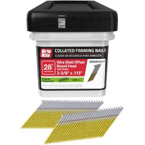 Grip-Rite 8d Cooler - 2-3/8-Inch x .113 HOT-DIPPED GALVANIZED, RING SHANK, 28? Clipped Head, Wire-Weld Collated, Stick Framing Nails - 500 per tub