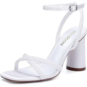 Pearl Heels Strappy Bridal Shoes Block Heel Wedding Sandals Open Toe Wedding Shoes for Bride