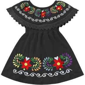 Toddler Girls Mexican Floral Embroidered Dress Short Off-Shoulder Floral Boho Peasant Dress Tunic Top