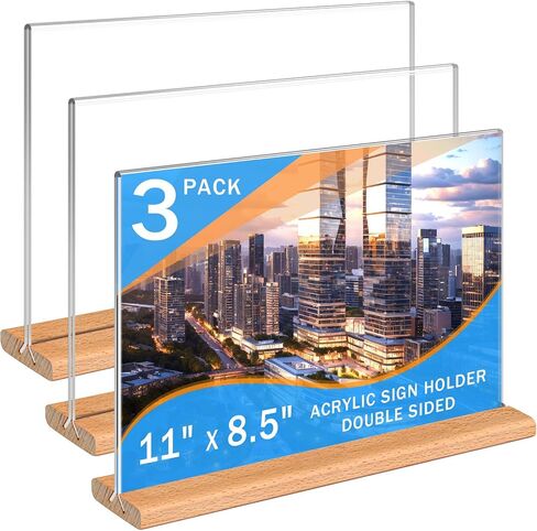 حامل علامة acrylic kersally 11 × 8.5 '' ، 6 حزمة شاشة شاشة صافية على الوجهين تقف مع قاعدة خشبية وقائمة إطارات الاكريليك الأفقية لحامل الورق المشارك للمتجر والمطعم والفندق والمكتب والمعرض المعرض in Saudi Arabia