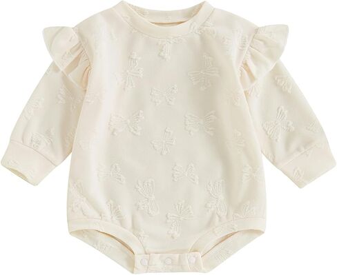 Infant Baby Girl Fall Clothes Outfits Long Sleeve Cute Bow Print Sweatshirt Bubble Romper Newborn Oversized Bodysuit in Saudi Arabia