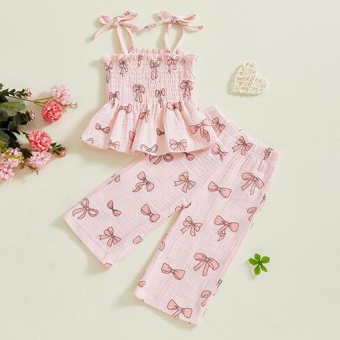 Toddler Baby Girl Boho Outfit Summer 2 Piece Cotton Linen Set Tie-up Sleeveless Cami Top Wide Leg Pants Cute Clothes in Saudi Arabia