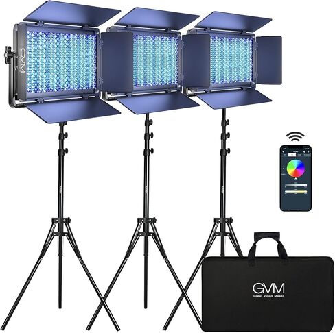 مصابيح فيديو GVM RGB مع التحكم في التطبيق ، مجموعة إضاءة الفيديو ذات الاستوديو الكامل 50 واط ، مصابيح فيديو LED لإضاءة التصوير على YouTube ، 3 حزم لوحة مصباح LED ، قذيفة ألومنيوم ، 3200 كيلو باطن-5600K in Kuwait