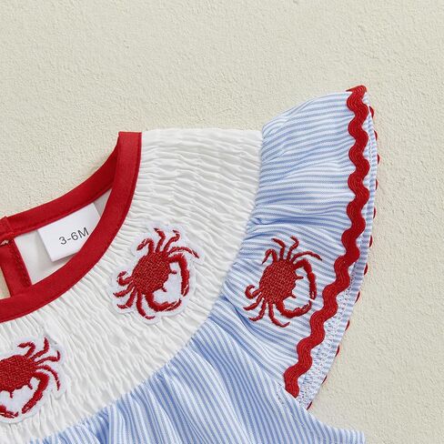 Newborn Baby Girl Smocked Outfits Striped Crab Embroidery Flying Sleeve Bubble Romper Infant Summer Bodysuit 0-18M in Saudi Arabia