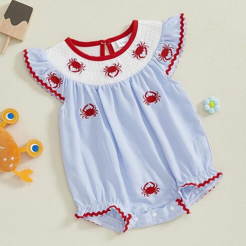 Newborn Baby Girl Smocked Outfits Striped Crab Embroidery Flying Sleeve Bubble Romper Infant Summer Bodysuit 0-18M in Saudi Arabia