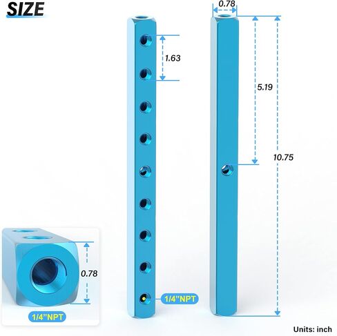 TAILONZ Pneumatic 1/4" Blue 9 Way 12 Port Aluminum Shunt Block Air Distribution Manifold in Kuwait