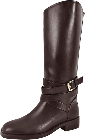 Riding Boots for Women Flat Wide Calf Low Heels Boot Knee High Pointed Toe Buckle Booties in Saudi Arabia