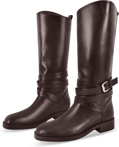 Riding Boots for Women Flat Wide Calf Low Heels Boot Knee High Pointed Toe Buckle Booties in Saudi Arabia