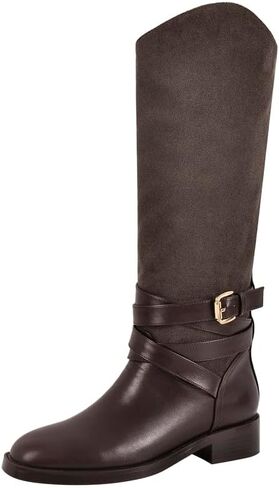 Riding Boots for Women Flat Wide Calf Low Heels Boot Knee High Pointed Toe Buckle Booties in Saudi Arabia