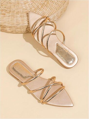 GORGLITTER Women's Metallic Sandals Open Toe Flat Strappy Dressy Fancy Slide Sandals in Kuwait