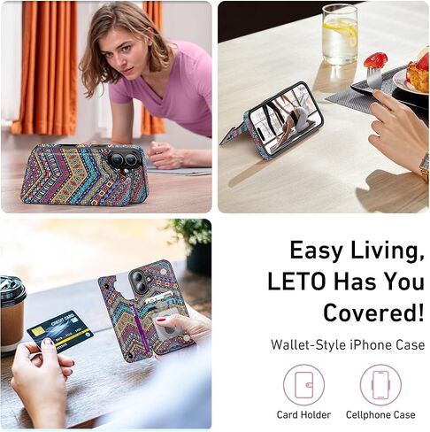 محفظة LETO لهاتف iPhone 16 Pro Max - غطاء جلدي قابل للطي - تصميمات عصرية - فتحات للبطاقات، مسند - حافظة هاتف واقية للنساء والفتيات - 6.9 بوصة - أسود in Kuwait