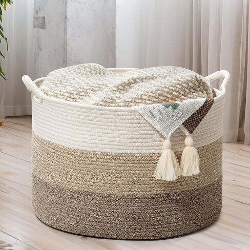 Large Woven Cotton Rope Storage Basket with Handles - Modern Round Laundry Hamper & Blanket Organizer for Nursery, Bedroom, Baby Toys, Pillows, Home Décor, 20"x13" in Saudi Arabia