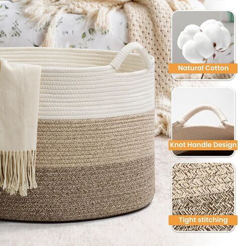 Large Woven Cotton Rope Storage Basket with Handles - Modern Round Laundry Hamper & Blanket Organizer for Nursery, Bedroom, Baby Toys, Pillows, Home Décor, 20"x13" in Saudi Arabia