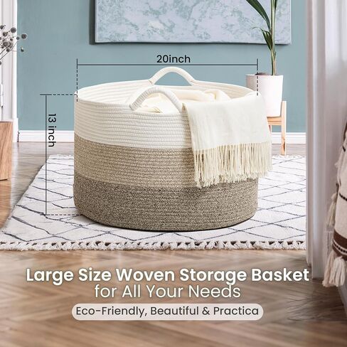 Large Woven Cotton Rope Storage Basket with Handles - Modern Round Laundry Hamper & Blanket Organizer for Nursery, Bedroom, Baby Toys, Pillows, Home Décor, 20"x13" in Saudi Arabia