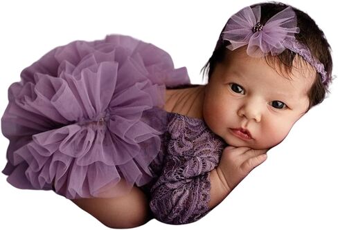 Newborn Photography Outfits Girl, Baby Girl Photoshoot Props, Lace Romper with Headband for 0-3 Months Newborn in Kuwait